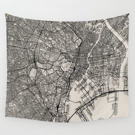 Tokyo - Japan - Authentic Map Black and White Wall Tapestry