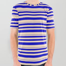 [ Thumbnail: Blue & Bisque Colored Stripes/Lines Pattern All Over Graphic Tee ]