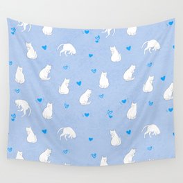 White Cats With Blue Hearts Pattern/Light Blue Background Wall Tapestry
