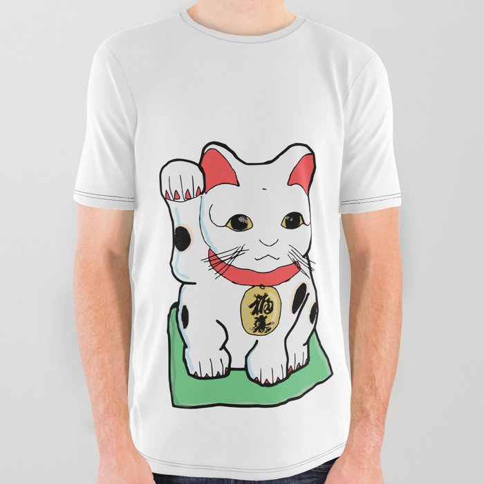 Japanese Woodblock Printing Of  Lucky Cat ,Maneki Neko,Japan,Woodcut,Vintage,Print,Animal,Kawaii, All Over Graphic Tee