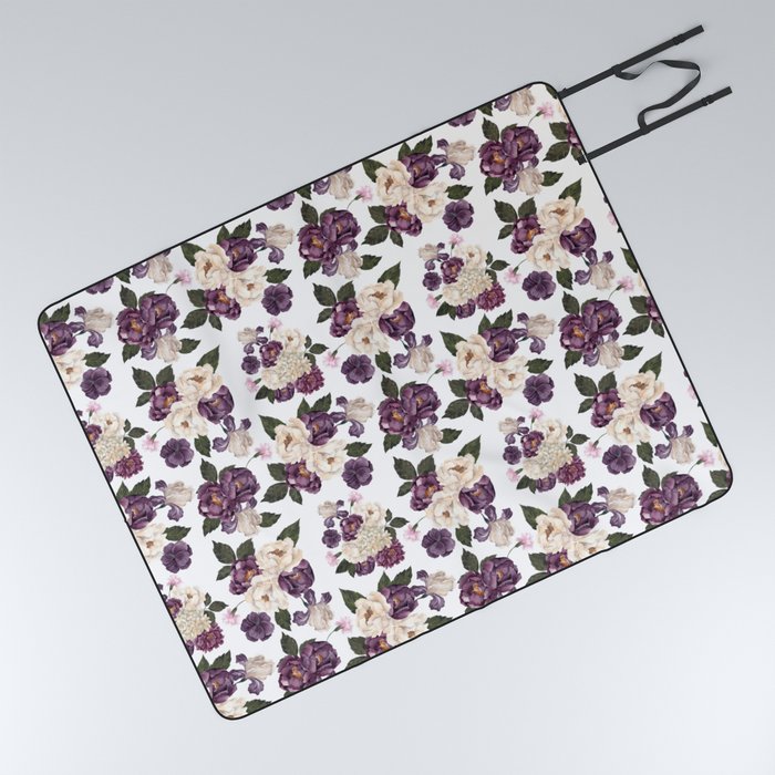 Watercolor Plum Purple Hydrangea Peony Floral Pattern Picnic Blanket