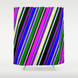 [ Thumbnail: Eye-catching Fuchsia, Blue, Pale Goldenrod, Green, and Black Colored Pattern of Stripes Shower Curtain ]