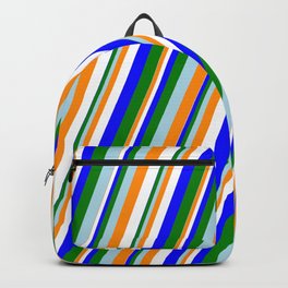 [ Thumbnail: Eye-catching Light Blue, Dark Orange, White, Blue & Green Colored Lined/Striped Pattern Backpack ]