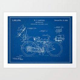 1919 W. J. Canfield Motorcycle Blueprint Patent Print Art Print | Print, Drawing, American, Indian, Blueprint, Canfield, Motorbike, Triumph, 1919, Motorcyclepatent 