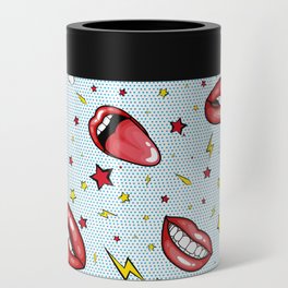 Seamless pattern cartoon comic super speech bubble labels with text, sexy open red lips with teeth, retro pop art illustration, halftone dot vintage effect background Can Cooler