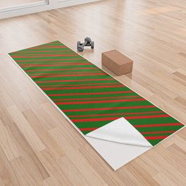 [ Thumbnail: Dark Green & Red Colored Lines Pattern Yoga Towel ]