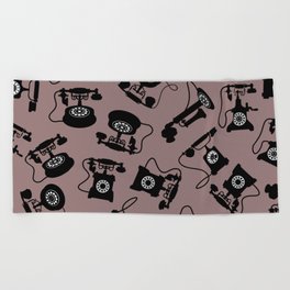 Black Vintage Rotary Dial Telephone Pattern on Rosy Brown Beach Towel