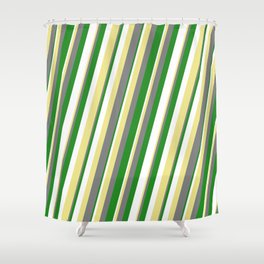 [ Thumbnail: Tan, Gray, Forest Green, and White Colored Stripes Pattern Shower Curtain ]