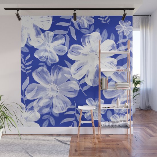 Blue and White Floral Wall Mural by Artistic Home Accessories Society6