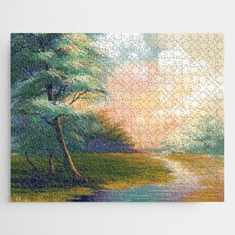 Digital art painting landscape, river in the spring forest with sunset, afternoon. Jigsaw Puzzle