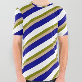[ Thumbnail: Green, Tan, Dark Blue, and White Colored Stripes/Lines Pattern All Over Graphic Tee ]
