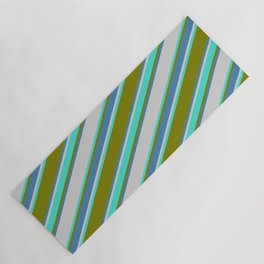 [ Thumbnail: Green, Blue, Light Gray & Turquoise Colored Striped Pattern Yoga Mat ]