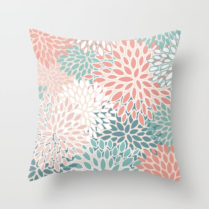 Modern Flowers Print, Coral, Pink and Teal Throw Pillow