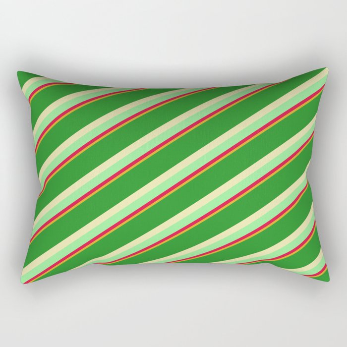 Forest Green, Pale Goldenrod, Light Green, Crimson, and Goldenrod Colored Pattern of Stripes Rectangular Pillow