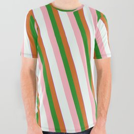 [ Thumbnail: Orchid, Chocolate, Forest Green, Light Pink & Mint Cream Colored Striped/Lined Pattern All Over Graphic Tee ]