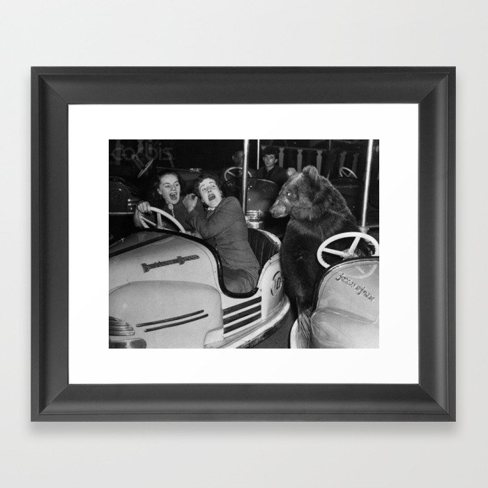 Bear with me; bear riding bumper cars scary women at carnival vintage black and white photograph - photography - photographs wall decor Framed Art Print