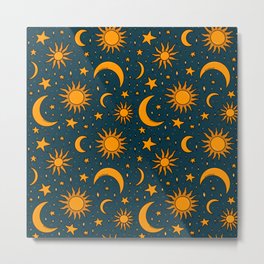 Vintage Sun and Star Print in Navy Metal Print | Yellow, Night, Moon, Drawing, Sun, Sky, Celestial, Gold, Astrology, Pattern 