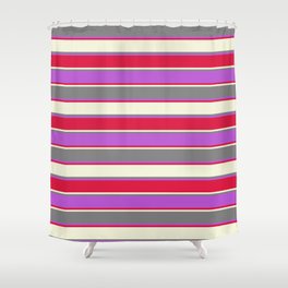 [ Thumbnail: Crimson, Beige, Grey, and Orchid Colored Lines Pattern Shower Curtain ]
