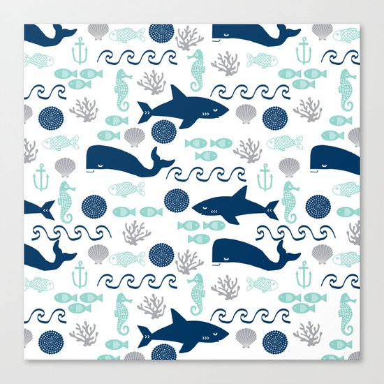 Nautical ocean animals sharks whales seahorses wave pattern sea life Canvas Print