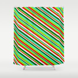 [ Thumbnail: Vibrant Turquoise, Green, Red, Lavender & Dark Green Colored Lined/Striped Pattern Shower Curtain ]
