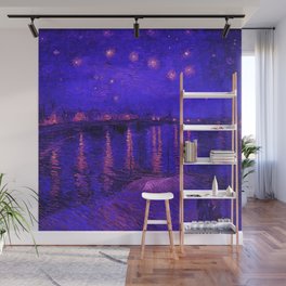 Starry Night Over the Rhone landscape painting by Vincent van Gogh in alternate midnight blue with pink stars Wall Mural