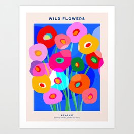 Minimal Matisse Floral Bouquet Poster on Azure Blue Art Print