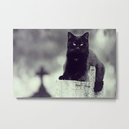 Black cat in cemetery | Pere Lachaise Paris | Black and white photography for cat lovers Metal Print
