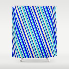 [ Thumbnail: Blue, Turquoise & Beige Colored Striped/Lined Pattern Shower Curtain ]