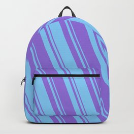 [ Thumbnail: Light Sky Blue & Purple Colored Striped/Lined Pattern Backpack ]