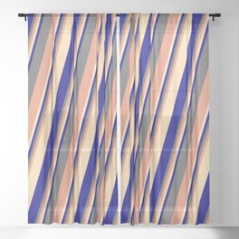 [ Thumbnail: Dim Gray, Dark Salmon, Tan & Blue Colored Lined/Striped Pattern Sheer Curtain ]