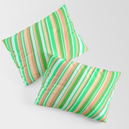 [ Thumbnail: Vibrant Light Cyan, Green, Tan, Light Salmon & Lime Green Colored Striped Pattern Pillow Sham ]