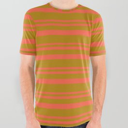 [ Thumbnail: Red and Dark Goldenrod Colored Lined/Striped Pattern All Over Graphic Tee ]