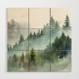 Watercolor Pine Forest Mountains in the Fog Wood Wall Art