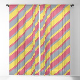 [ Thumbnail: Yellow, Crimson, and Slate Gray Colored Striped Pattern Sheer Curtain ]