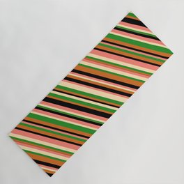 [ Thumbnail: Eye-catching Salmon, Beige, Forest Green, Chocolate, and Black Colored Lines/Stripes Pattern Yoga Mat ]