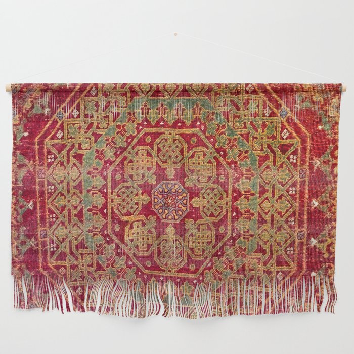 Bohemian Medallion VII // 15th Century Old Distressed Red Green Coloful Ornate Accent Rug Pattern Wall Hanging