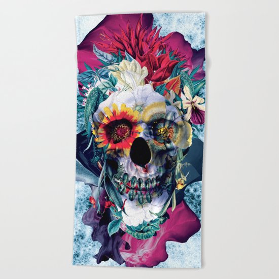 Floral Skull Blue Beach Towel