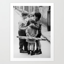 Little Boys Having a Meeting in Paris, Baguette, Black and White Vintage Photo Art Print