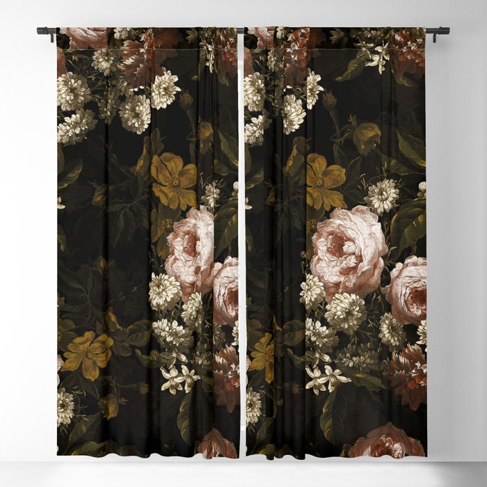 Antique Botanical Roses And Chamomile Midnight Sepia Garden Blackout Curtain