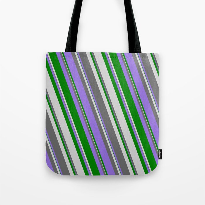 Dim Gray, Purple, Green & Light Grey Colored Lined Pattern Tote Bag