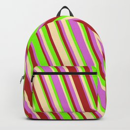 [ Thumbnail: Green, Beige, Orchid, and Red Colored Lined Pattern Backpack ]