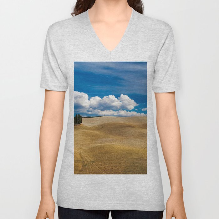 Hills of Tuscany, Italy with clouds and strand of stone pines color landscape photograph / photography for home and wall decor V Neck T Shirt