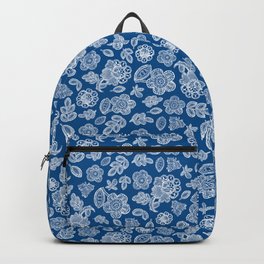 Lace flowers and leaves white on blue  Backpack