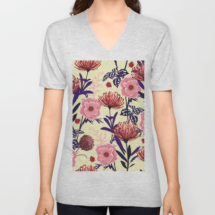 Sketched flower design in bright colors seamless pattern vintage in retro mood in the garden fashion, fabric and all designs on beige background color V Neck T Shirt