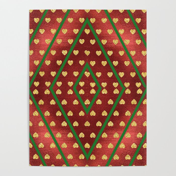 Gold Hearts on a Red Shiny Background with Green Diamond Lines Poster