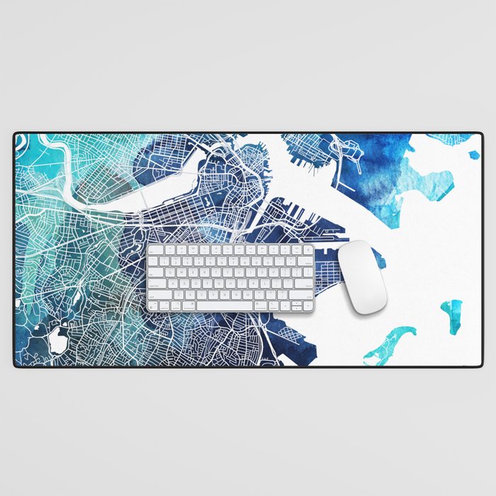 Boston Massachusetts Map Navy Blue Turquoise Watercolor Desk Mat