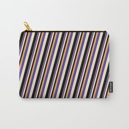 [ Thumbnail: Brown, Dark Slate Blue, Beige & Black Colored Striped Pattern Carry-All Pouch ]