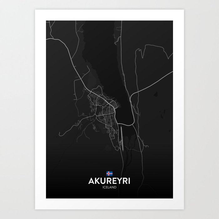 Akureyri, Iceland - Dark City Map Art Print
