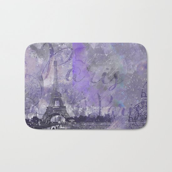 Purple Paris mixed media art Bath Mat
