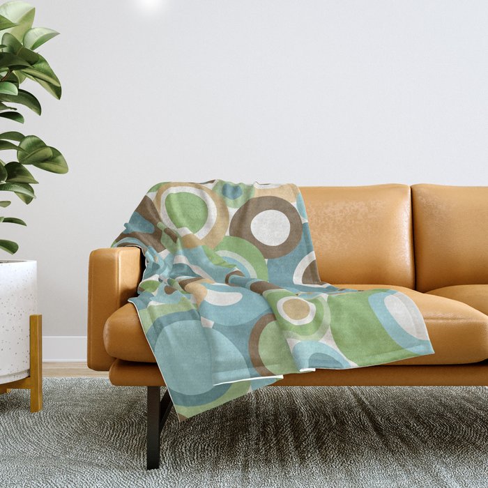 Mid Century Modern Circles // V2 // Brown, Green, Gold, Ocean Blue, Sky Blue, Turquoise, Ivory Throw Blanket